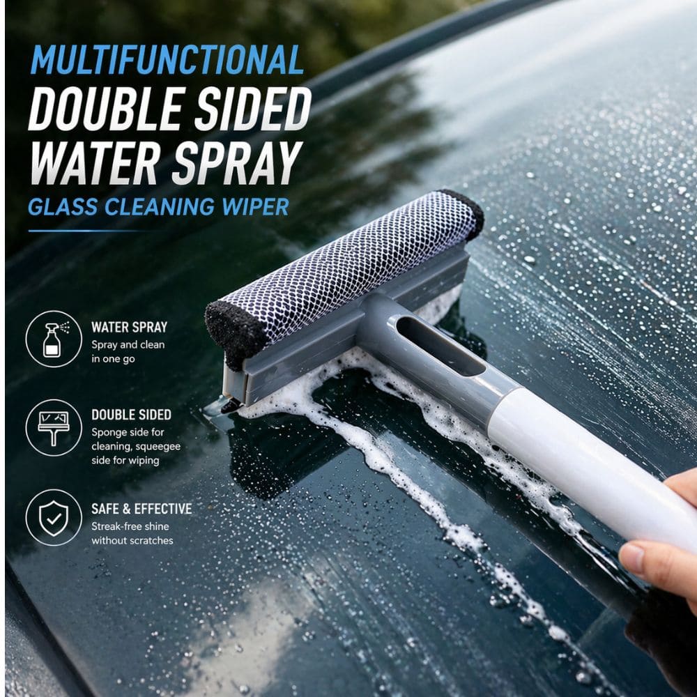 2 - in - 1 Double Sided Glass Cleaner – Water Spray Wiper with Sponge Brush & Squeegee for Car & Home Cleaning - CarBro