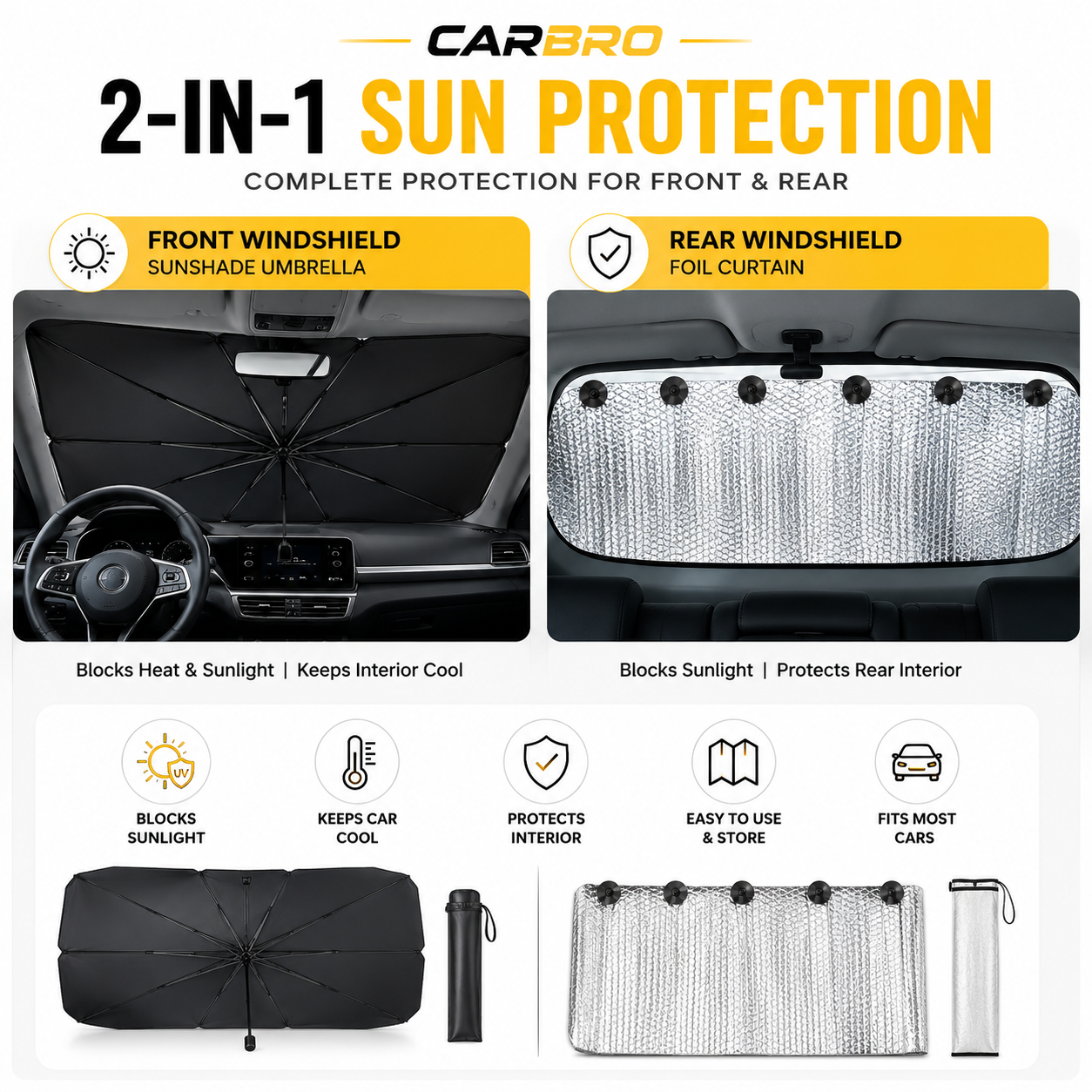 2-in-1 Car Sun Protection Bundle – Front Windshield Sunshade Umbrella + Rear Windshield Foil Curtain | UV & Heat Protection