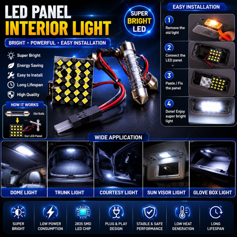 2835 SMD LED panel interior light for cars
Super bright car interior LED light
LED dome light panel for vehicles
Car cabin LED lighting upgrade | Carbro.pk
Universal LED panel interior light