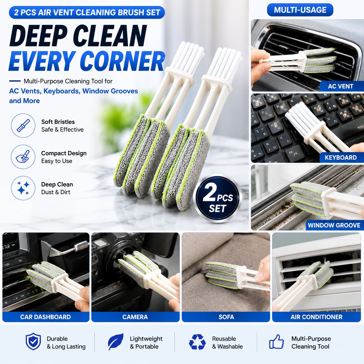 2 PCS Air Vent Cleaning Brush Set | Multi-Purpose Car AC Vent, Keyboard & Window Groove Cleaning Brush | CarBro.pk