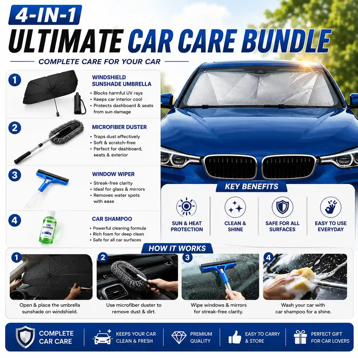 4-in-1 Ultimate Car Care Bundle – Sunshade Umbrella + Microfiber Duster + Window Wiper + Car Shampoo
