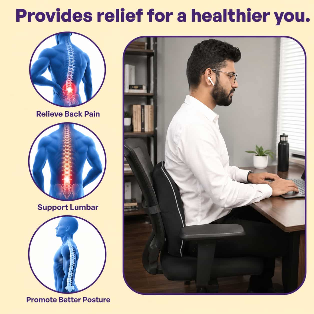 CARBRO.PK Lumbar Support Pillow & Back Cushion – Memory Foam Back Support for Car & Office Chair