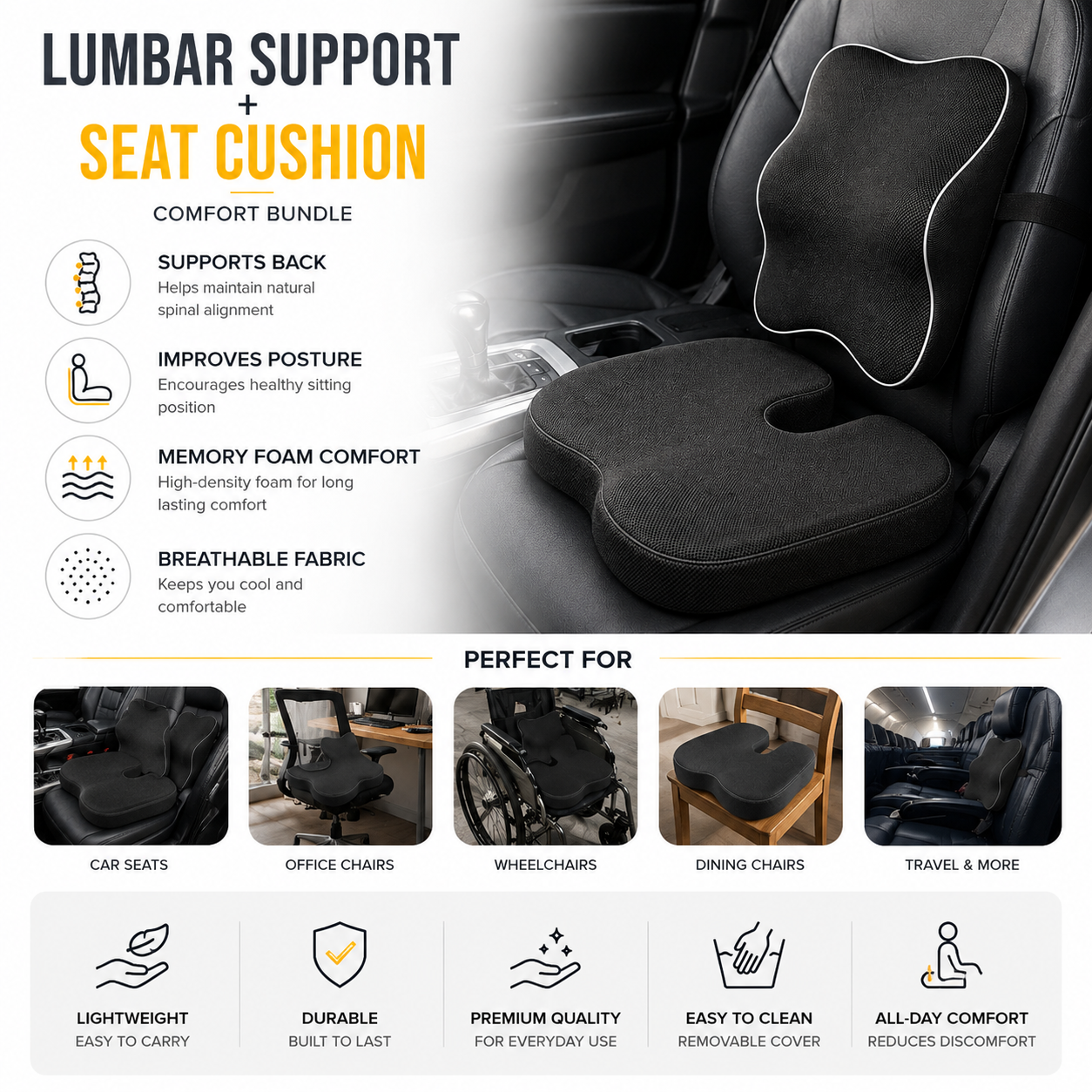 CarBro Lumbar Support & Memory Foam Seat Cushion Bundle – Ergonomic Back Support Pillow for Car, Office & Home