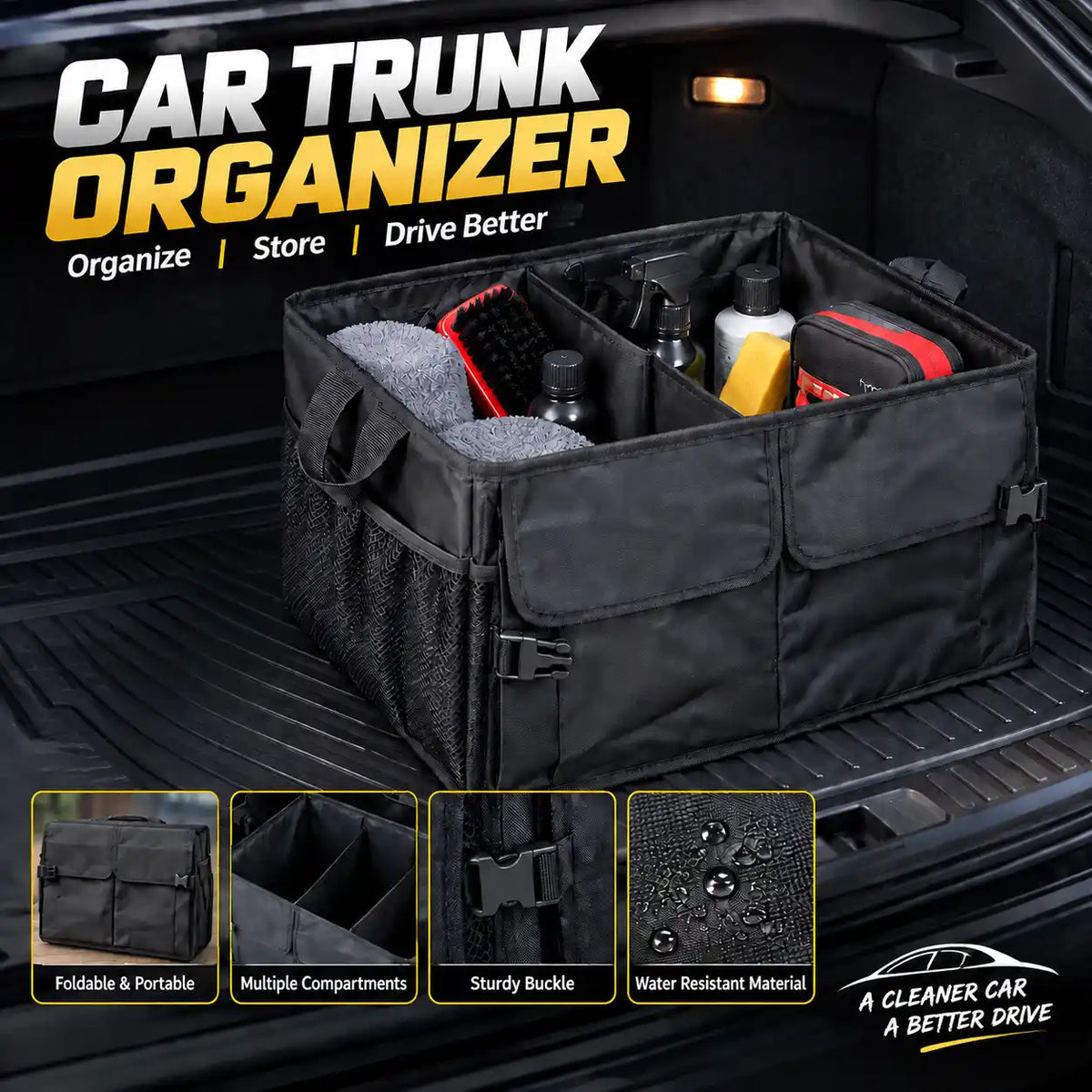 Car Trunk Organizer, Large Foldable Car Boot Storage Box with Multiple Compartments, Waterproof & Durable Cargo Organizer for Car Accessories, Cleaning Supplies, Tools, Groceries & Travel Essentials