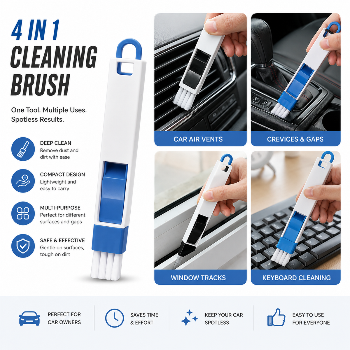 4-in-1 Car Detailing Cleaning Brush – Multi-Purpose Interior Cleaning Tool