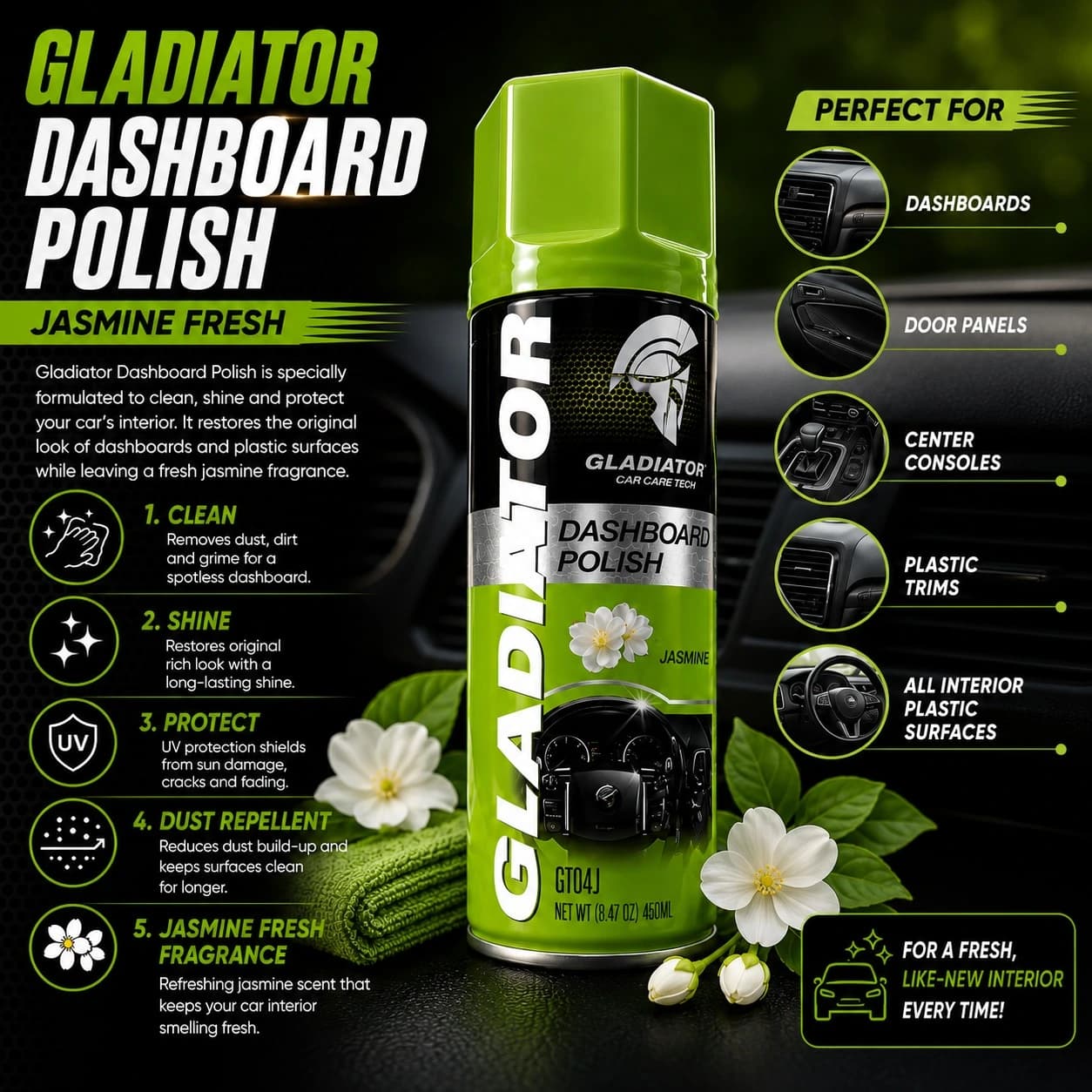 Gladiator Dashboard Polish 450ml – Jasmine Fresh Dashboard Cleaner, Shine & UV Protectant Spray