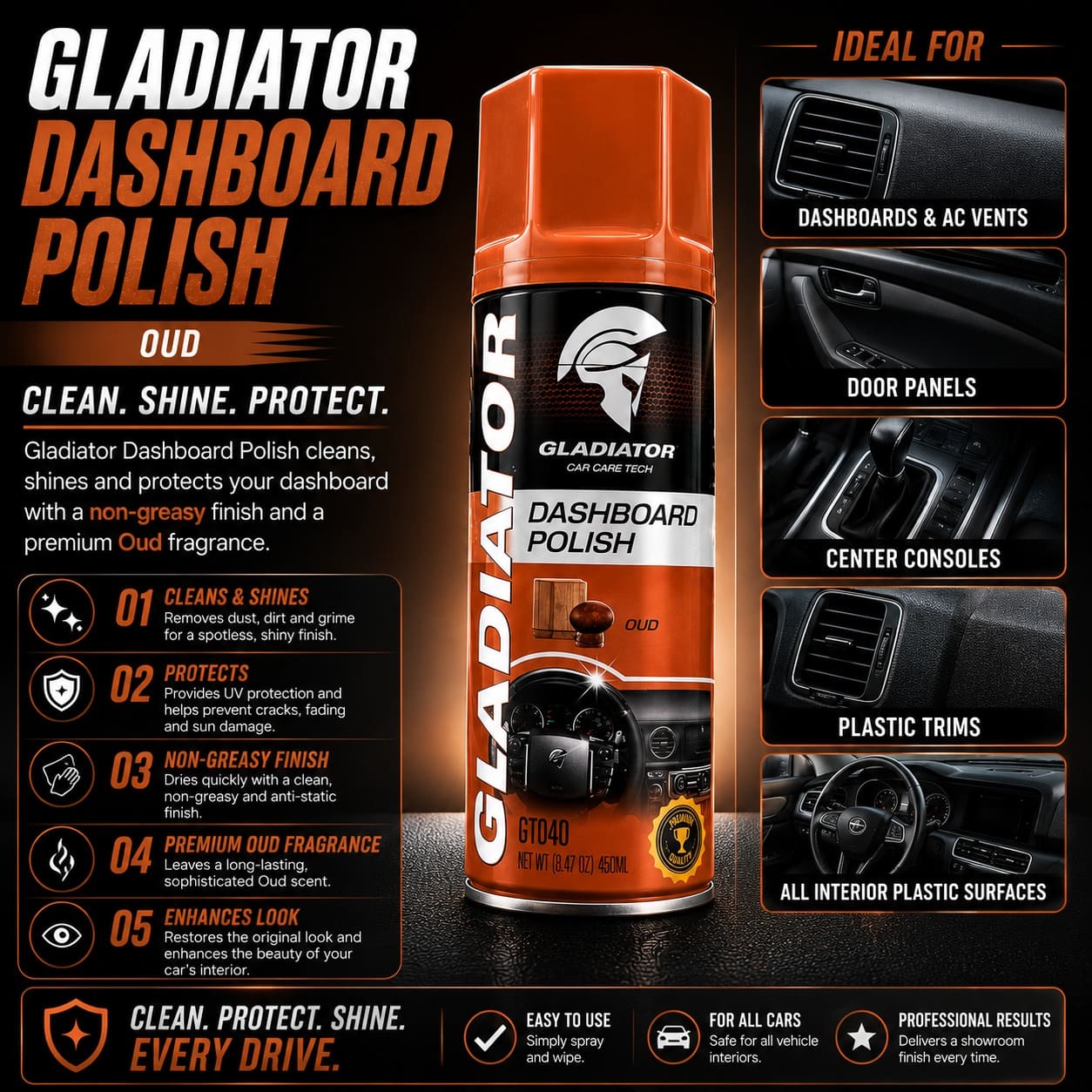 Gladiator dashboard polish oud bottle
Gladiator dashboard polish applied on car dashboard
Non-greasy dashboard polish for car interior
Gladiator dashboard polish for plastic trims
Car dashboard cleaning spray with oud fragrance