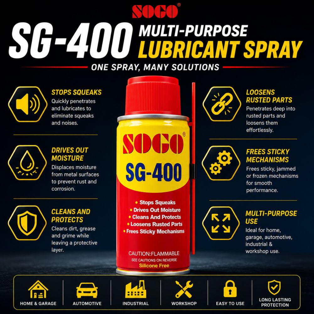 SOGO SG-400 lubricant spray
Multi-purpose rust remover spray
Automotive lubricant spray
Penetrating oil for rusted parts
Metal protection lubricant