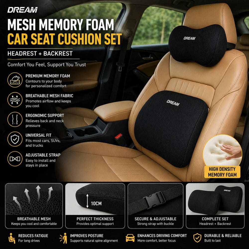 CarBro Dream Memory Foam Car Seat Cushion Set – Headrest + Backrest | Breathable Mesh Support - CarBro