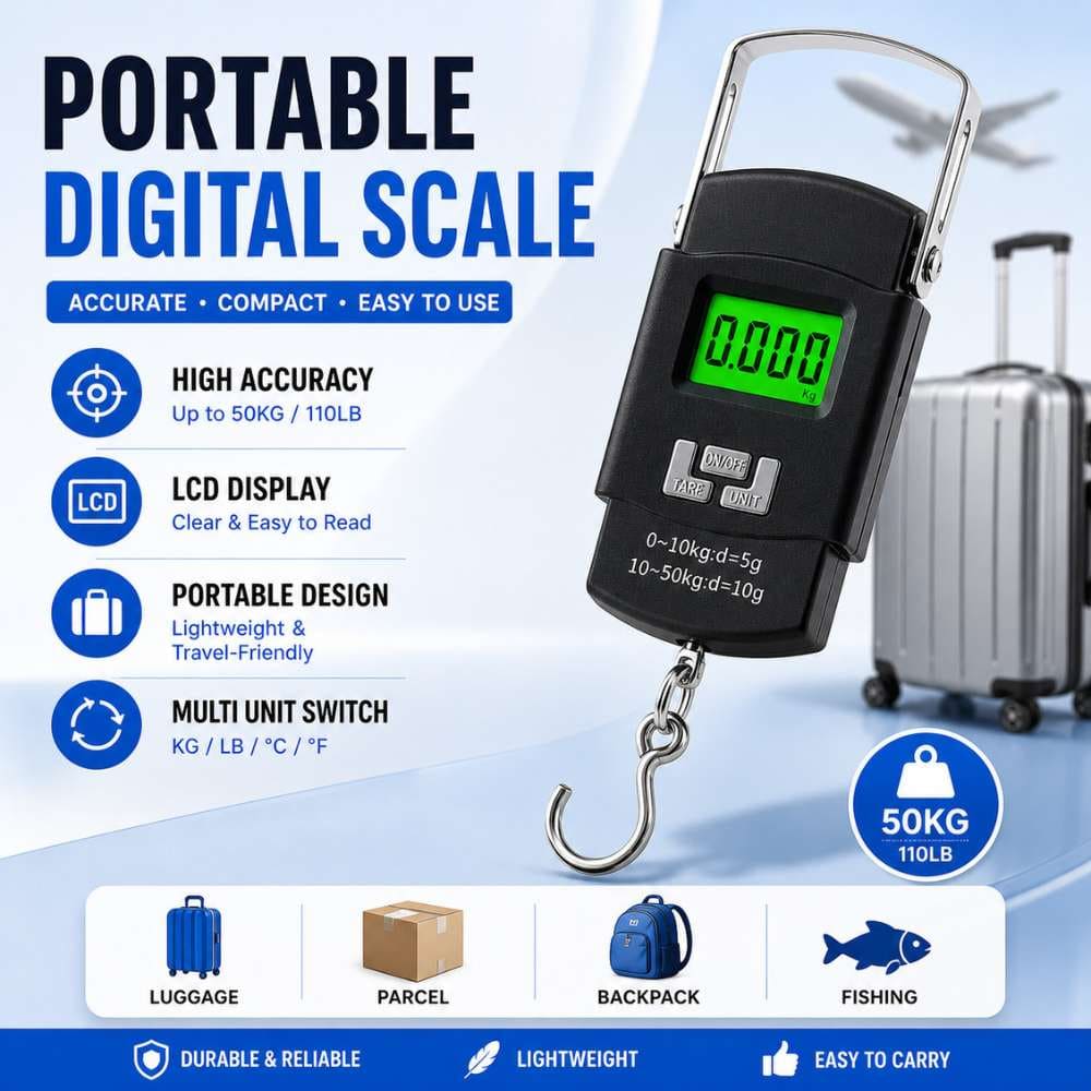 Portable Digital Luggage Scale – 50KG High Precision Hanging Scale with LCD Display | Travel Suitcase Weight Checker - CarBro
