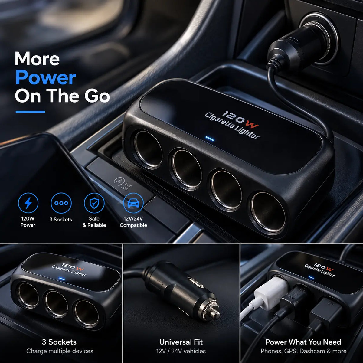 120W Car Cigarette Lighter Adapter 12V24V 3 Socket Car Power Splitter with USB Charging Port  Multi-Outlet Car Charger Adapter for Phone, GPS, Dash Cam, Accessories & Road Trips