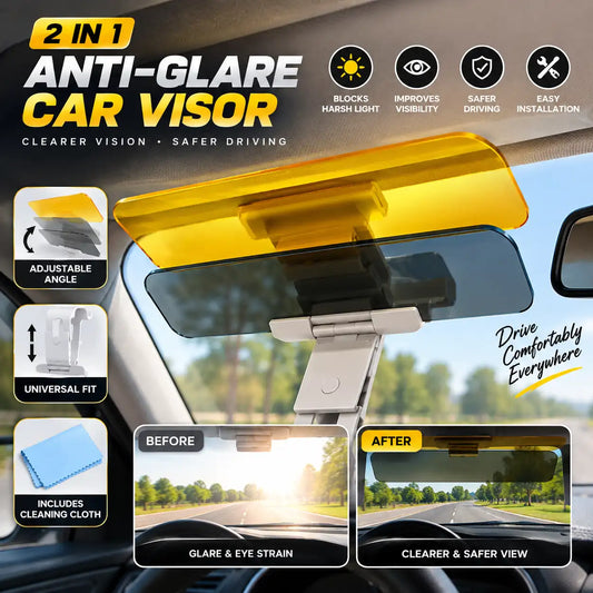 2-in-1 Anti-Glare Car Visor | Adjustable Sun Visor for Day & Night Driving | Universal Fit Car Sunshade with Clear View, Glare Reduction & Easy Installation | Includes Cleaning Cloth
