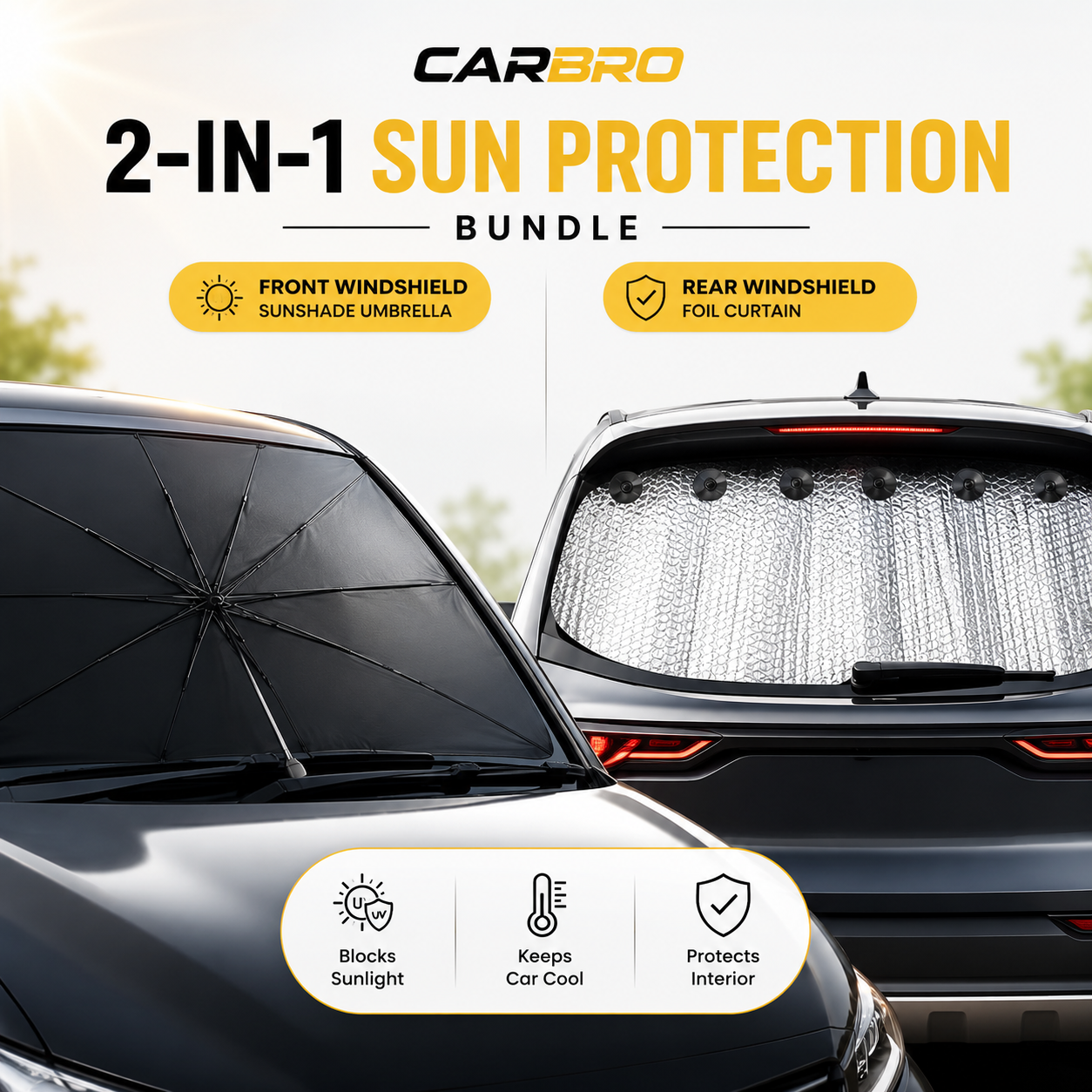 2-in-1 Car Sun Protection Bundle – Front Windshield Sunshade Umbrella + Rear Windshield Foil Curtain | UV & Heat Protection