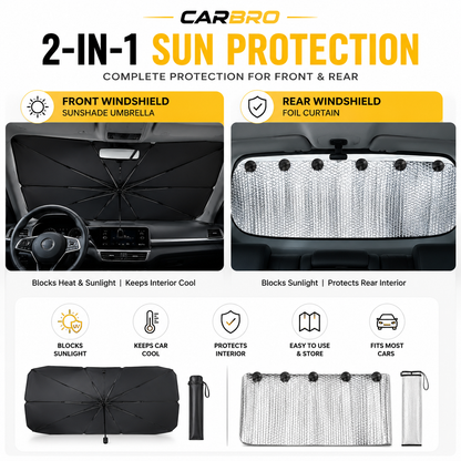 2-in-1 Car Sun Protection Bundle – Front Windshield Sunshade Umbrella + Rear Windshield Foil Curtain | UV & Heat Protection