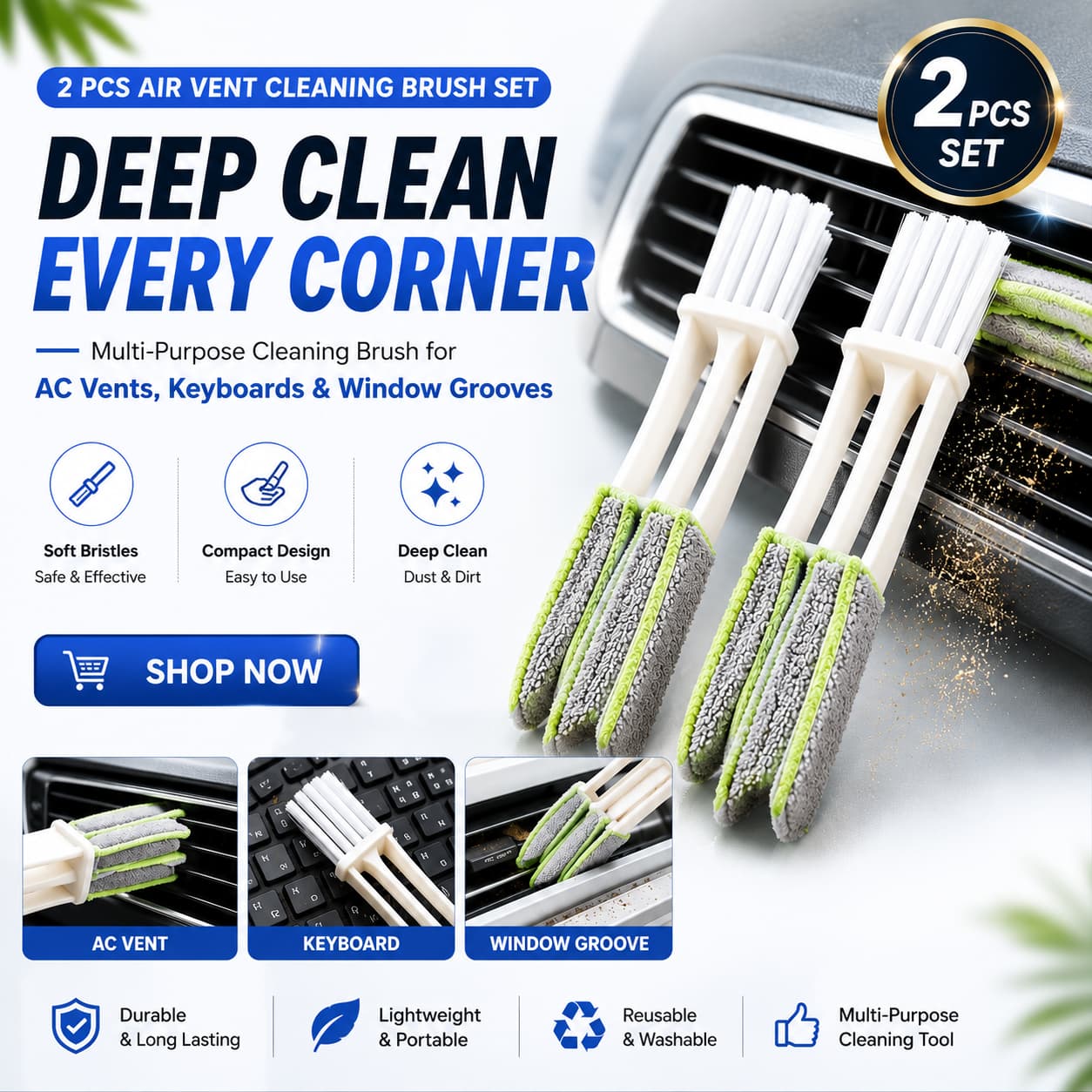 2 PCS Air Vent Cleaning Brush Set | Multi-Purpose Car AC Vent, Keyboard & Window Groove Cleaning Brush | CarBro.pk