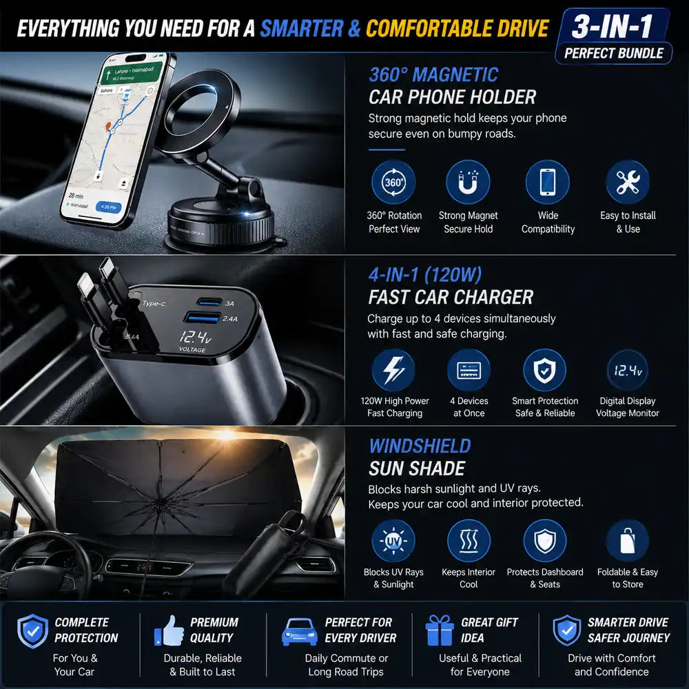 3-in-1 car essentials bundle including a 360° magnetic phone holder, 4-in-1 fast car charger, and foldable windshield sunshade umbrella for everyday driving.