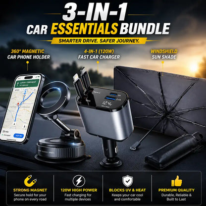 3-in-1 car essentials bundle including a 360° magnetic phone holder, 4-in-1 fast car charger, and foldable windshield sunshade umbrella for everyday driving.