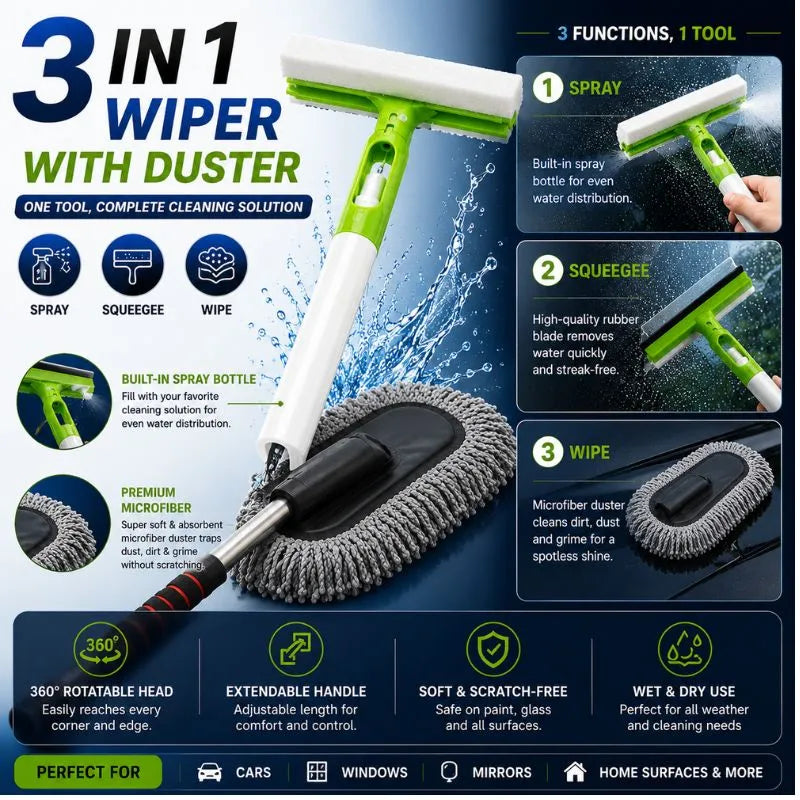 Premium 3-in-1 spray wiper and microfiber car duster bundle for cleaning car windshields, windows, mirrors, glass surfaces, and vehicle interiors.
