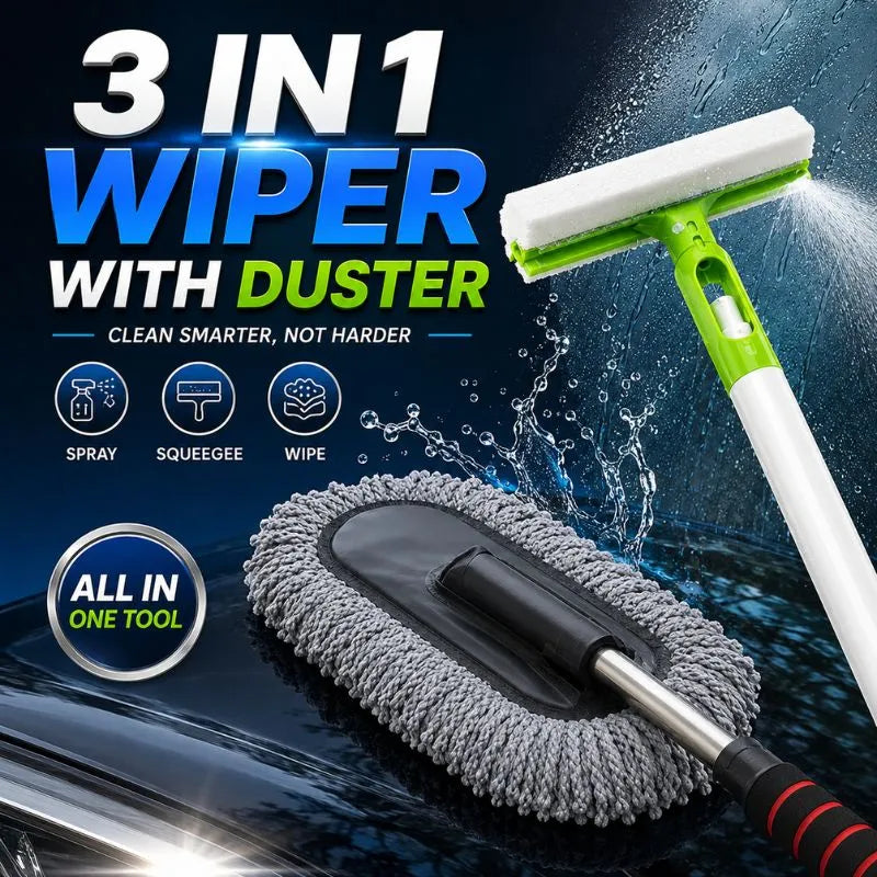 Premium 3-in-1 spray wiper and microfiber car duster bundle for cleaning car windshields, windows, mirrors, glass surfaces, and vehicle interiors.