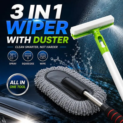 Premium 3-in-1 spray wiper and microfiber car duster bundle for cleaning car windshields, windows, mirrors, glass surfaces, and vehicle interiors.