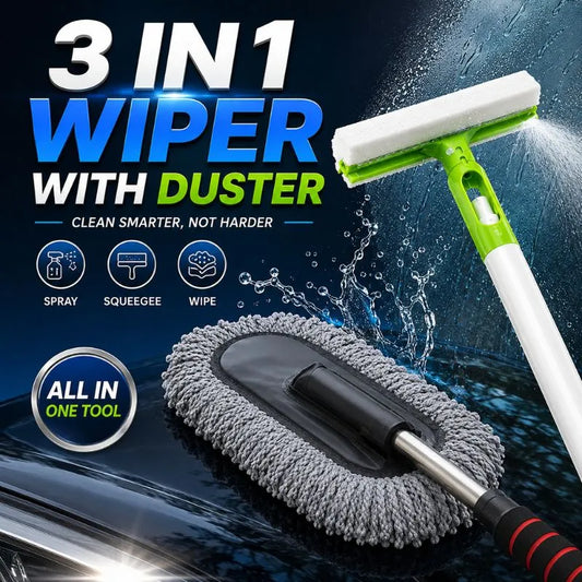 Premium 3-in-1 spray wiper and microfiber car duster bundle for cleaning car windshields, windows, mirrors, glass surfaces, and vehicle interiors.