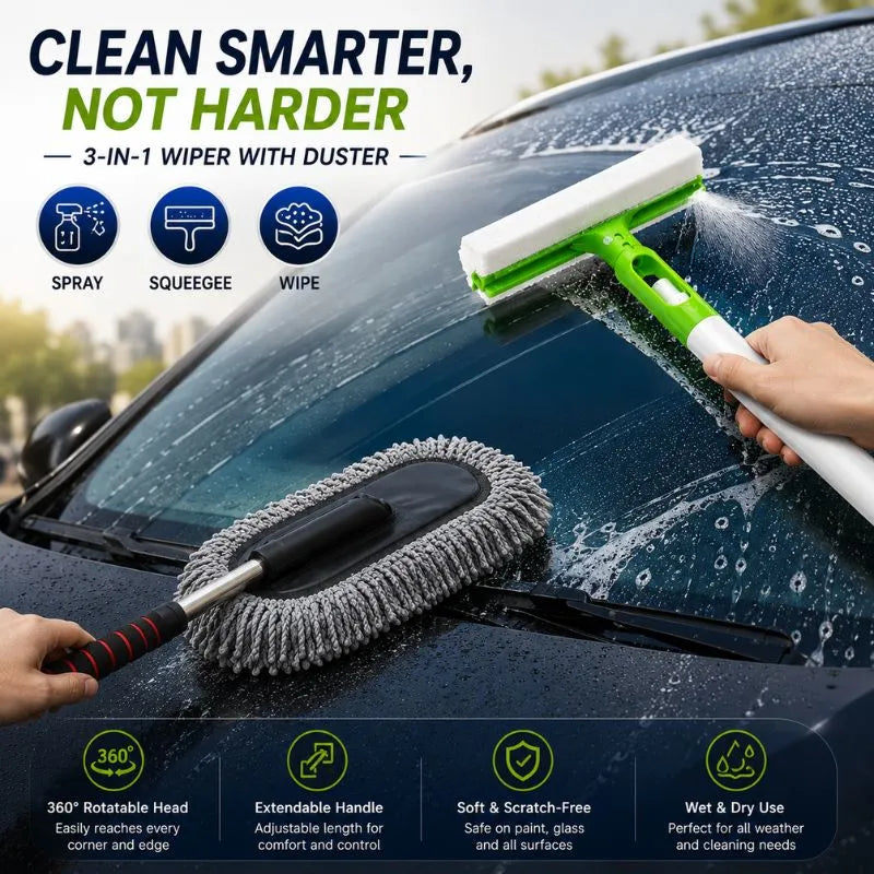 Premium 3-in-1 spray wiper and microfiber car duster bundle for cleaning car windshields, windows, mirrors, glass surfaces, and vehicle interiors.