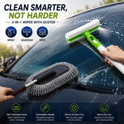 Premium 3-in-1 spray wiper and microfiber car duster bundle for cleaning car windshields, windows, mirrors, glass surfaces, and vehicle interiors.