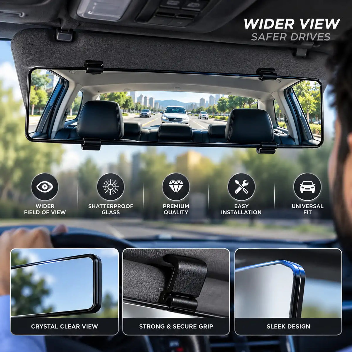 300mm Car Rear View Room Mirror | Wide Angle Panoramic Rearview Mirror for Cars | Clear Reflection, Universal Fit & Easy Installation | Plane/Curve Mirror for Wider Driving Visibility