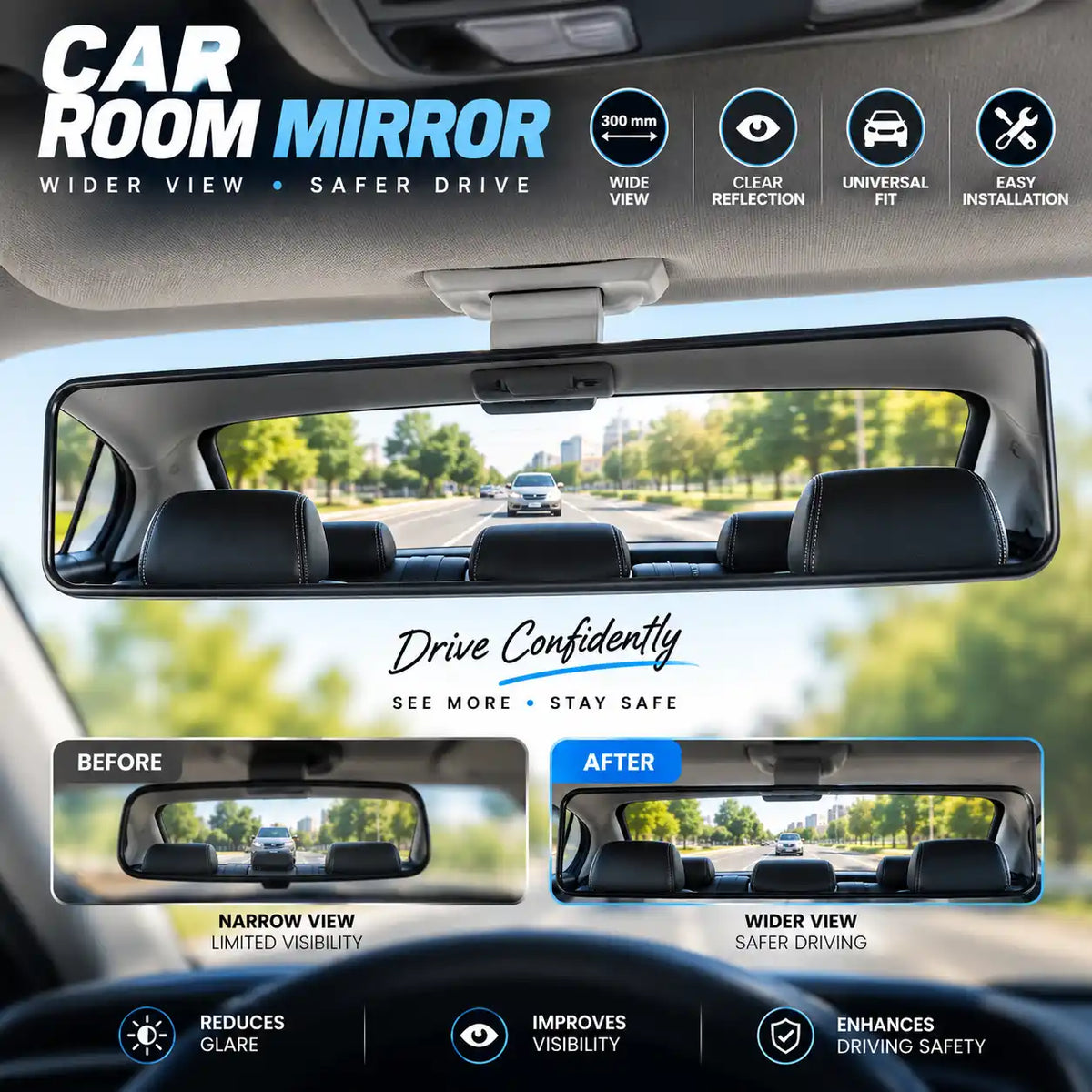 300mm Car Rear View Room Mirror | Wide Angle Panoramic Rearview Mirror for Cars | Clear Reflection, Universal Fit & Easy Installation | Plane/Curve Mirror for Wider Driving Visibility