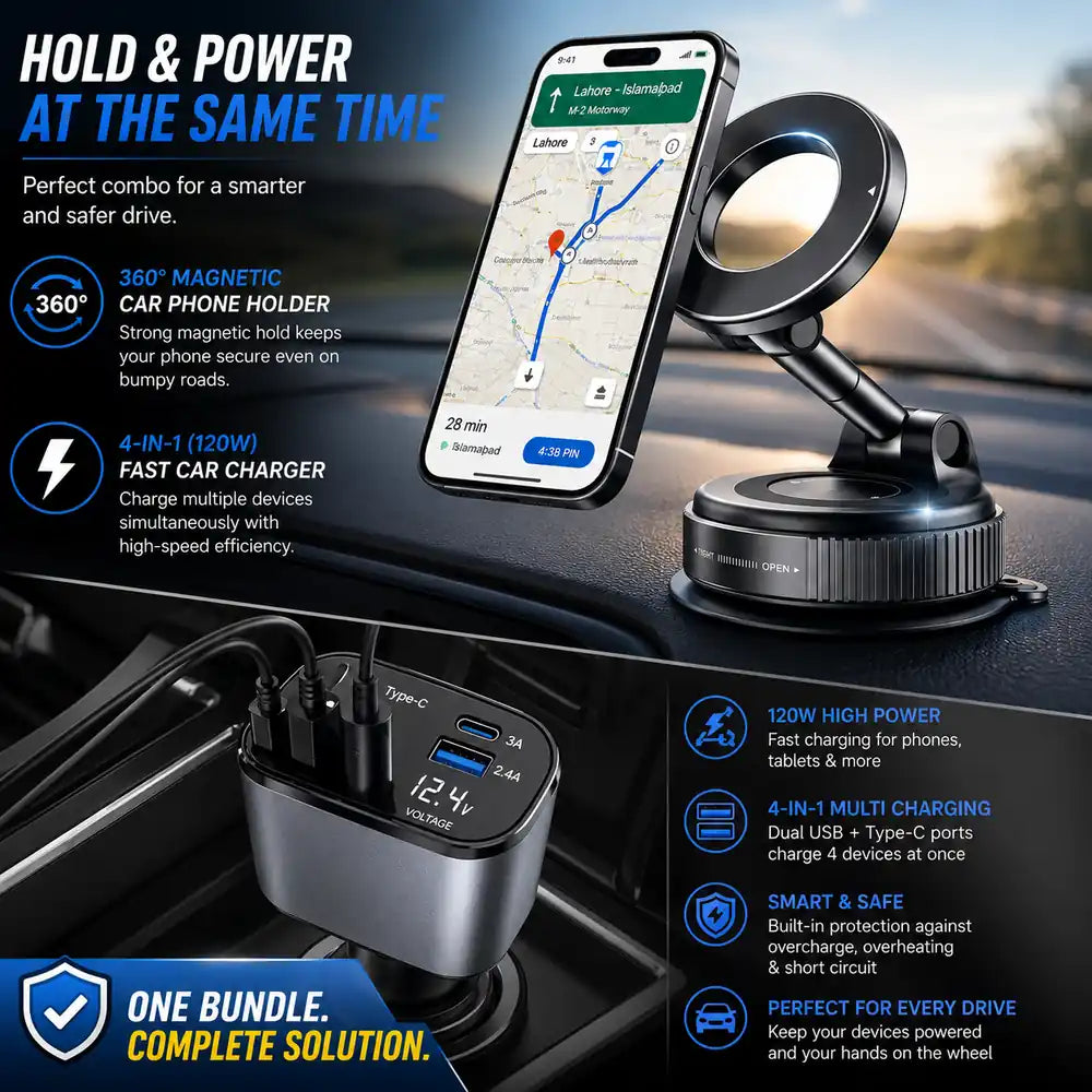 360° magnetic car phone holder with 4-in-1 fast car charger featuring retractable cables, dual USB ports, digital voltage display, and universal smartphone compatibility.