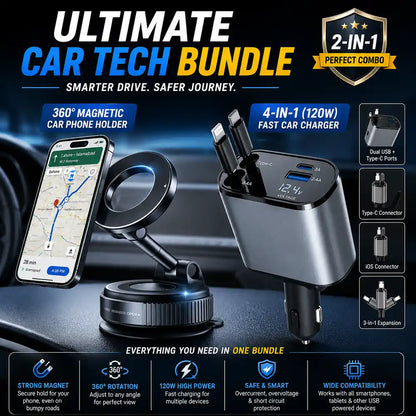 360° magnetic car phone holder with 4-in-1 fast car charger featuring retractable cables, dual USB ports, digital voltage display, and universal smartphone compatibility.