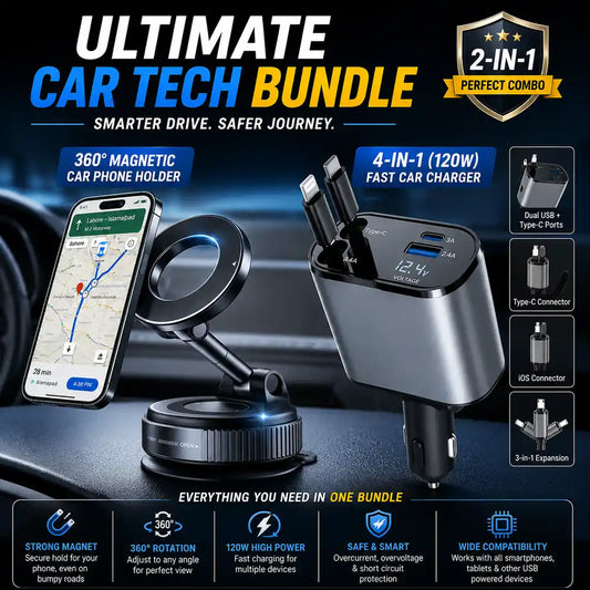360° magnetic car phone holder with 4-in-1 fast car charger featuring retractable cables, dual USB ports, digital voltage display, and universal smartphone compatibility.
