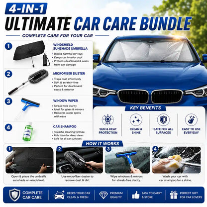 4-in-1 Ultimate Car Care Bundle – Sunshade Umbrella + Microfiber Duster + Window Wiper + Car Shampoo