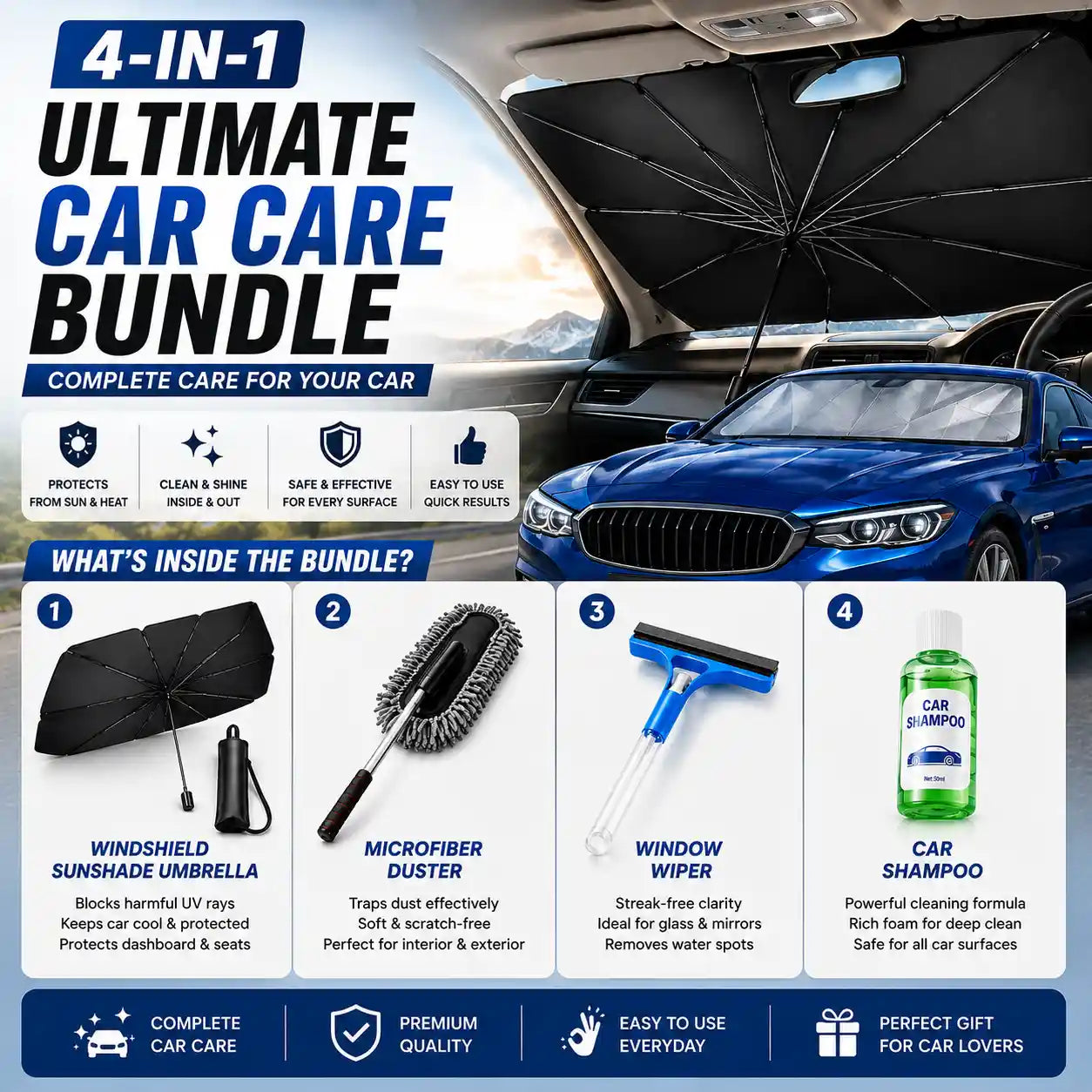 4-in-1 Ultimate Car Care Bundle – Sunshade Umbrella + Microfiber Duster + Window Wiper + Car Shampoo