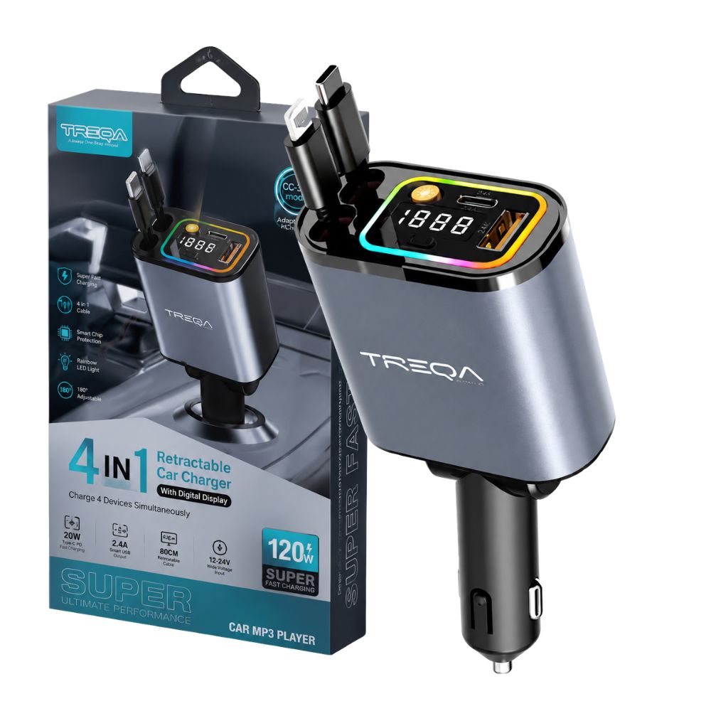4 in 1 Fast Car Charger 120W  with retractable Cables & Starlight and RGB lights