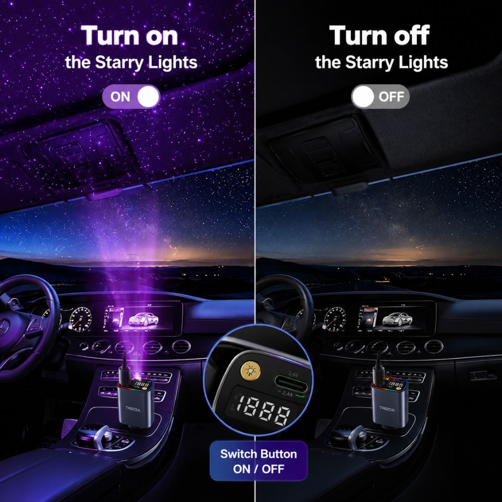 4 in 1 Fast Car Charger 120W  with retractable Cables & Starlight and RGB lights