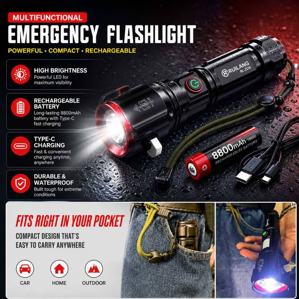 5 - in - 1 Tactical Flashlight – High Power LED Torch with Type - C Charging, SOS Mode, Safety Hammer & Magnetic Base - CarBro