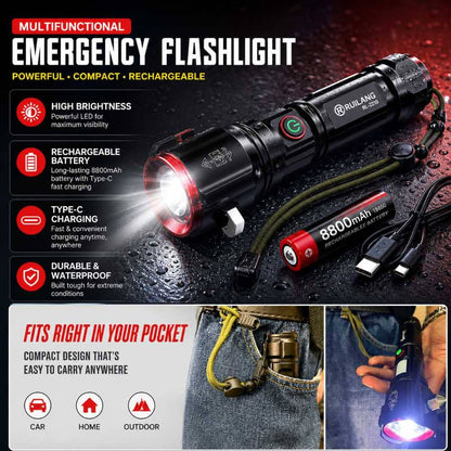 5 - in - 1 Tactical Flashlight – High Power LED Torch with Type - C Charging, SOS Mode, Safety Hammer & Magnetic Base - CarBro