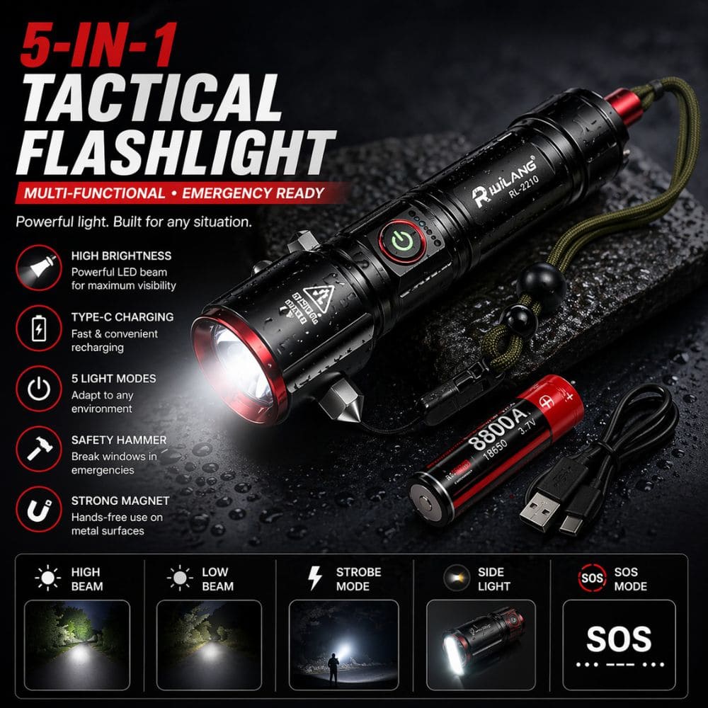 5 - in - 1 Tactical Flashlight – High Power LED Torch with Type - C Charging, SOS Mode, Safety Hammer & Magnetic Base - CarBro