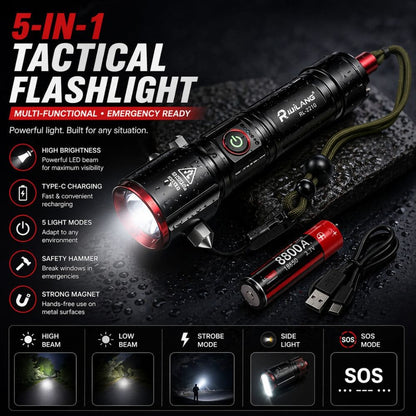 5 - in - 1 Tactical Flashlight – High Power LED Torch with Type - C Charging, SOS Mode, Safety Hammer & Magnetic Base - CarBro