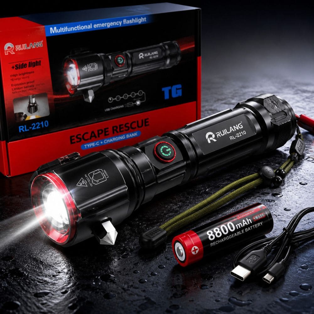 5 - in - 1 Tactical Flashlight – High Power LED Torch with Type - C Charging, SOS Mode, Safety Hammer & Magnetic Base - CarBro