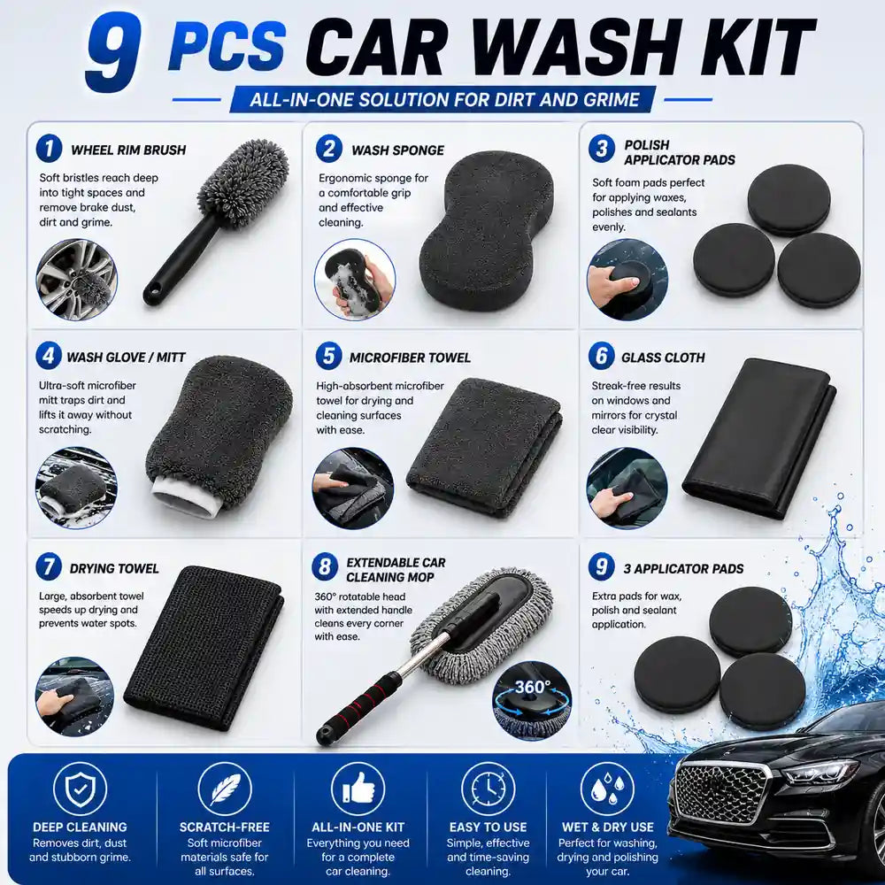 Premium 9 PCS car wash kit with extendable microfiber car duster including wash mitt, sponge, towels, wheel brush, applicator pads, and cleaning accessories.