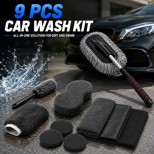 Premium 9 PCS car wash kit with extendable microfiber car duster including wash mitt, sponge, towels, wheel brush, applicator pads, and cleaning accessories.