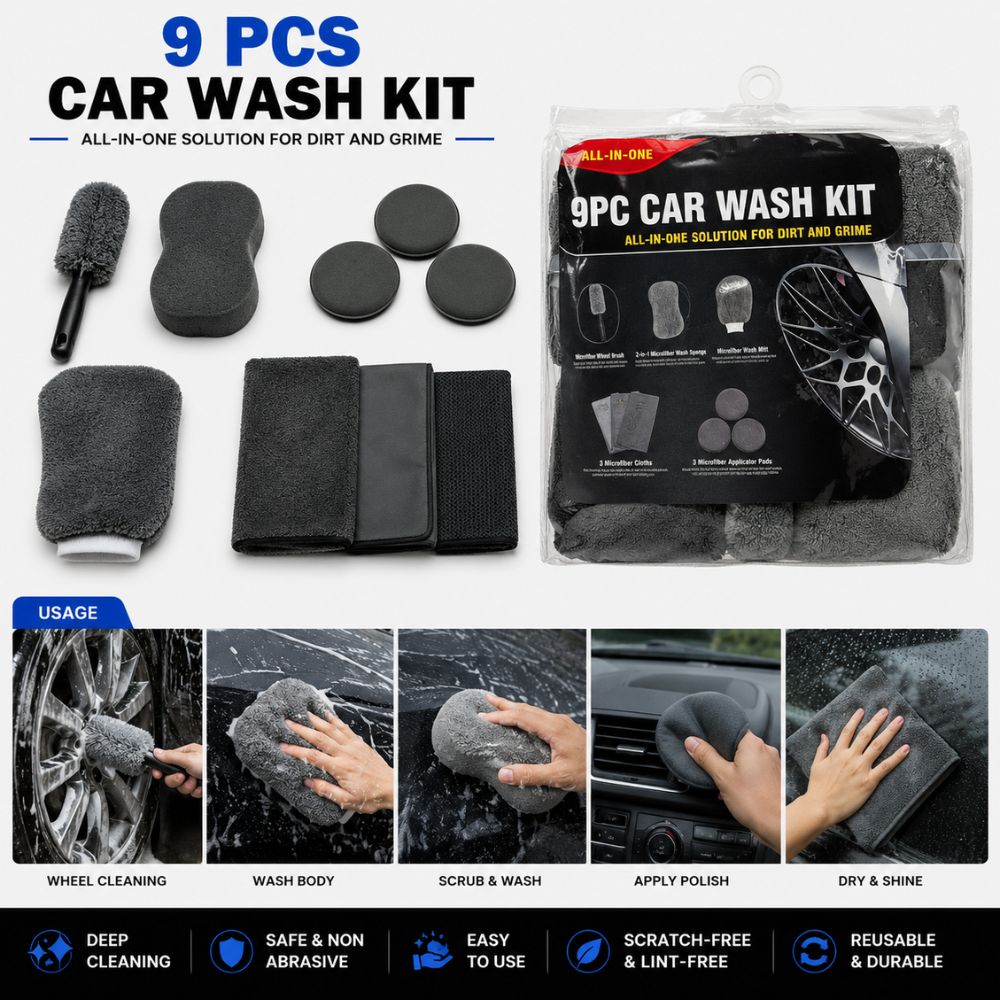 9 PCS premium car wash cleaning kit in Pakistan
Car detailing kit with microfiber accessories
Complete car cleaning kit for vehicle care
Car wash accessories set | Carbro.pk
Microfiber car cleaning kit with wheel brush