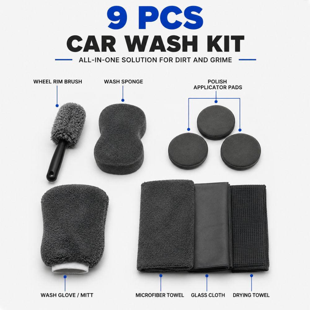 9 PCS premium car wash cleaning kit in Pakistan
Car detailing kit with microfiber accessories
Complete car cleaning kit for vehicle care
Car wash accessories set | Carbro.pk
Microfiber car cleaning kit with wheel brush