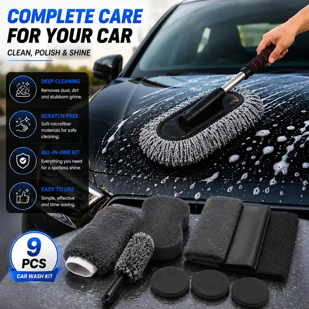 Premium 9 PCS car wash kit with extendable microfiber car duster including wash mitt, sponge, towels, wheel brush, applicator pads, and cleaning accessories.