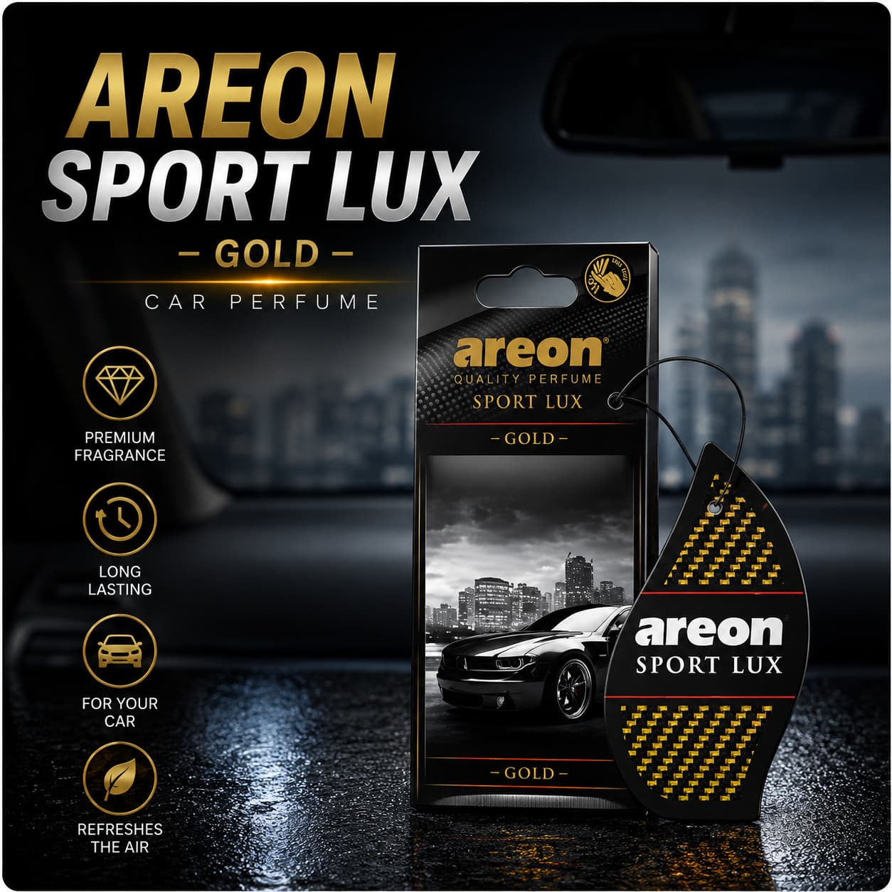 Areon car perfume
Sport Lux Gold
Hanging car air freshener
Premium car fragrance
Luxury car perfume
Long lasting car scent