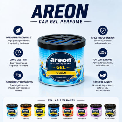 Areon Ocean Car Gel Perfume
Ocean fragrance car air freshener
Premium gel car perfume
Long lasting dashboard perfume
Areon gel air freshener for cars