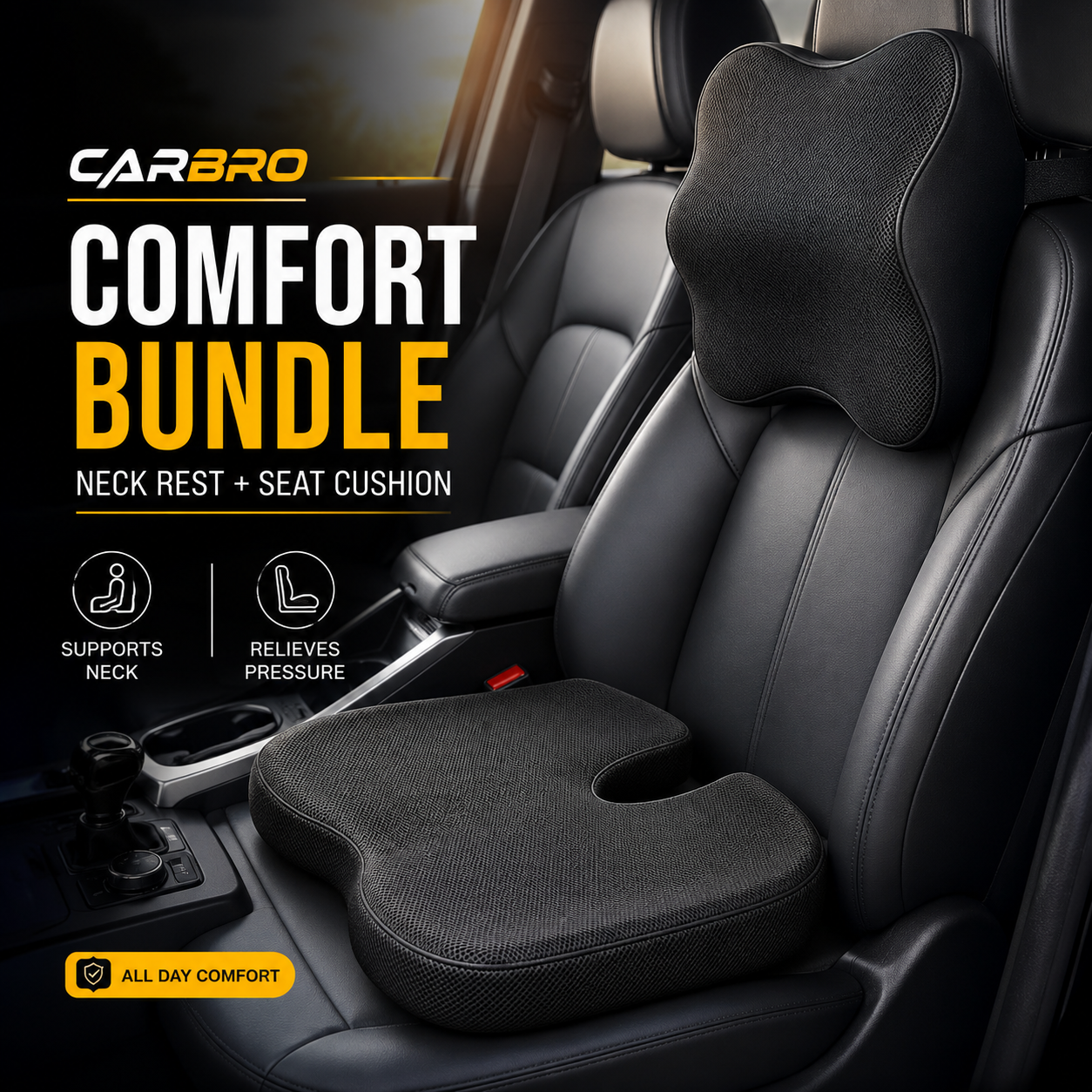 CarBro Comfort Bundle – Premium Memory Foam Neck Rest Pillow & Orthopedic Seat Cushion  Ergonomic Car Support for Long Drives