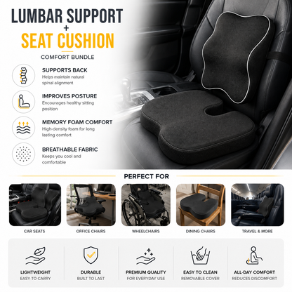 CarBro Lumbar Support & Memory Foam Seat Cushion Bundle – Ergonomic Back Support Pillow for Car, Office & Home
